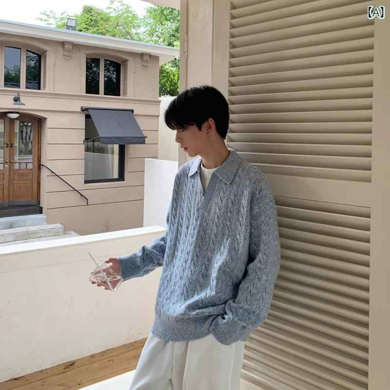 ニット メンズ 男性用 レトロ ヴィンテージ Vネック 開襟 ケーブル編み ゆったり オーバーサイズ プルオーバー セーター 切り替えデザイン ポリエステル素材 長袖 カジュアル 普段使い 日系スタイル 春秋