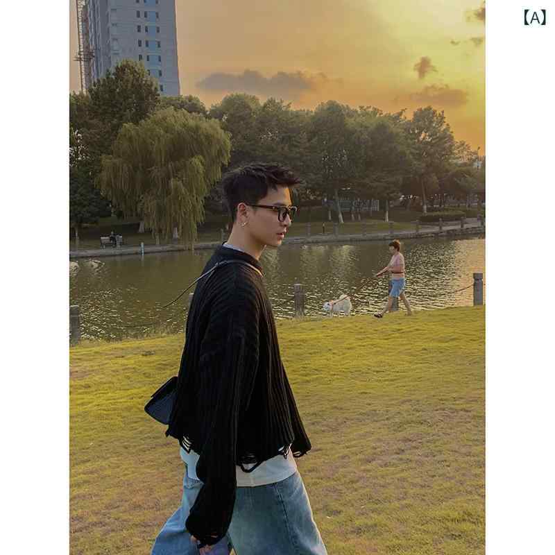 ニット ユニセックス 秋冬 おしゃれ ストライプ ダメージ加工 グレー 丸首 長袖 ショート丈 厚手 ゆったり ルーズ 韓国風 普段使い ポリエステル