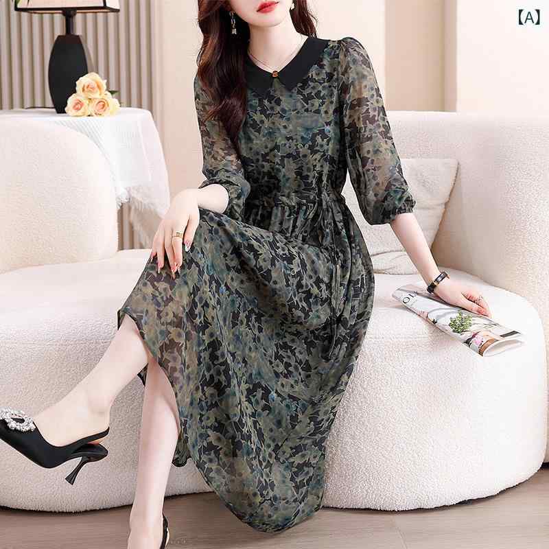 ワンピース レディース 春夏 レトロ 花柄 プリント シルク シフォン 切り替え Vネック ウエストマーク ロング丈 Aライン 長袖 きれいめ エレガント 通勤 ファッション