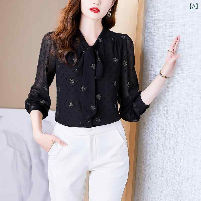 ブラウス レディース 春夏 リボン シフォン 長袖 ホルターネック フリル袖 刺繍 上品 エレガント フェミニン かわいい 通勤 オフィス きれいめ スリムフィット ブラック