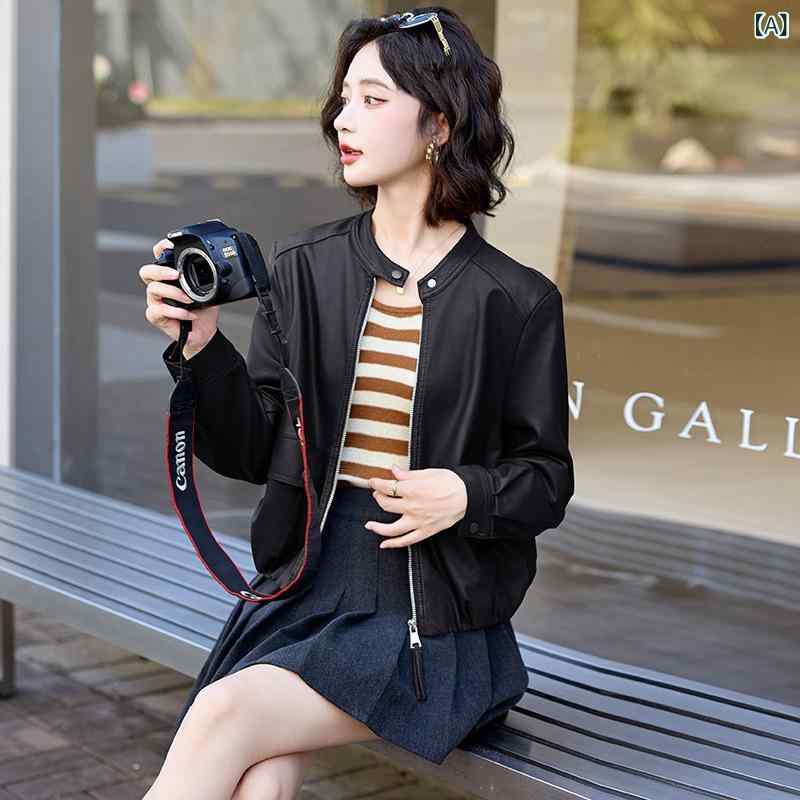 Rakuten - レザージャケット レディース 羊革 ショート丈 スタンドカラー 切り替え スリムフィット 長袖 ノーアイロン カジュアル きれいめ 春秋 黒 コーヒー レッド