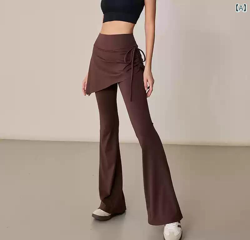 スカートパンツ レディース 女性用 ヨガ ランニング スポーツ トレーニング フィットネス ジム ロングパンツ 重ね着風 フェイクツーピース フレア 吸湿速乾 透け防止 スリム ミドルウエスト ナイロン スパンデックス