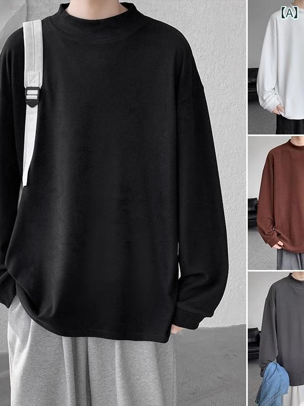 トップス メンズ 長袖 モックネック ハイネック Tシャツ カットソー 無地 プルオーバー ゆったり ルーズフィット ビッグシルエット インナーシャツ カジュアル 普段使い ポリエステル素材 ペアルック