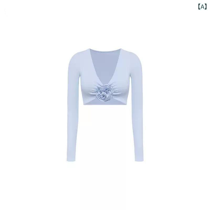 Tops - トップス レディース 欧米風 カジュアル ヨガ フィットネス 長袖 カップ付き 吸汗速乾 通気性 ナイロン 立体フラワー スポーツ ウェア ランニング トレーニング ジム
