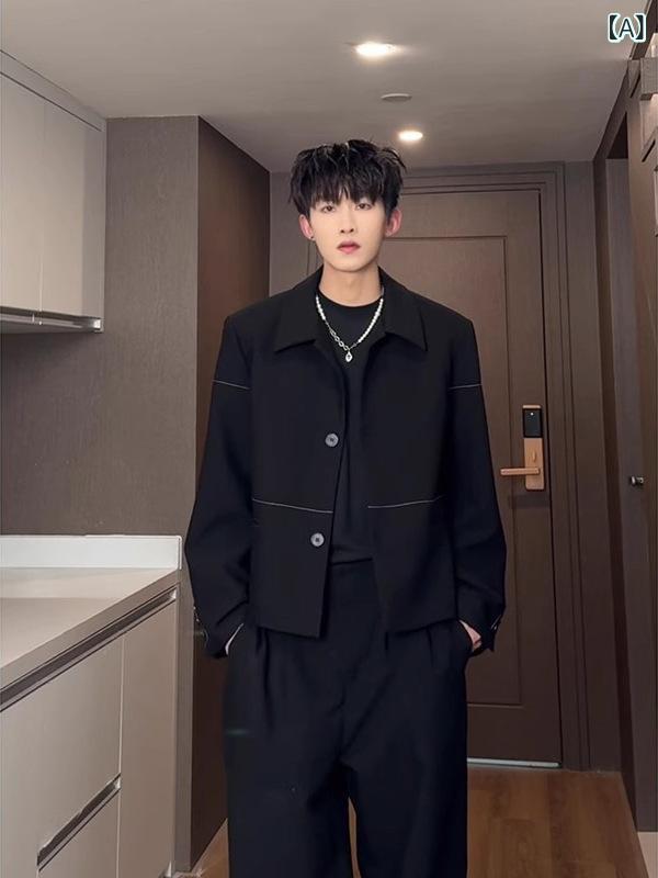 ジャケット メンズ ブラック カジュアル 春秋 高級感 アメリカン パッド入り テーラードカラー オールドマネー風 ゆったり ルーズシルエット きれいめ 無地 ポリエステル イージーケア シングルブレスト 長袖 アウター