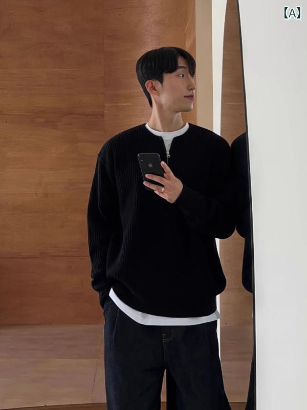 ニット メンズ クルーネック ハーフジップ セーター 春秋 韓国ファッション レトロ ヴィンテージ 高級感 ゆったり オーバーサイズ ビッグシルエット 大人カジュアル