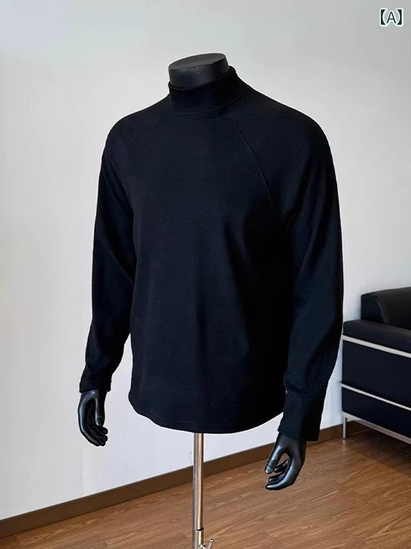 Tシャツ メンズ 男性用 白 ハイネック トップス 長袖 スリムフィット 無地 プルオーバー ポリエステル..