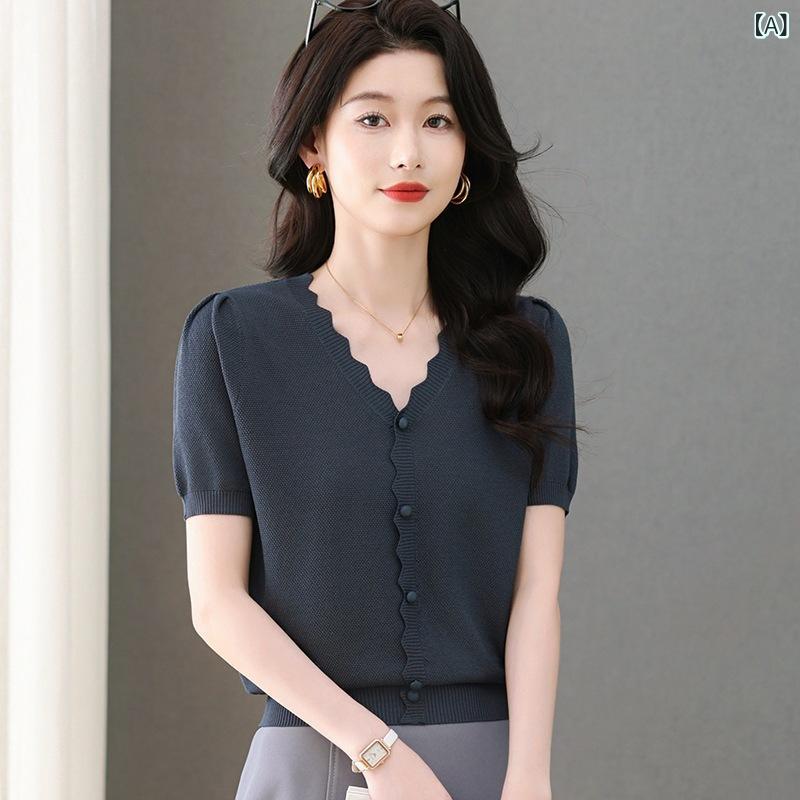 Tシャツ レディース ショートスリーブ 薄手 ニット 接触冷感 Vネック ゆるシルエット 無地 デザイン トップス ポリエステル レーヨン 春夏 通勤 きれいめ 普段使い