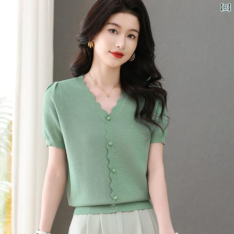 narukiのTシャツ レディース ショートスリーブ 薄手 ニット 接触冷感 Vネック ゆるシルエット 無地 デザイン トップス ポリエステル レーヨン 春夏 通勤 きれいめ 普段使い｜アングル2