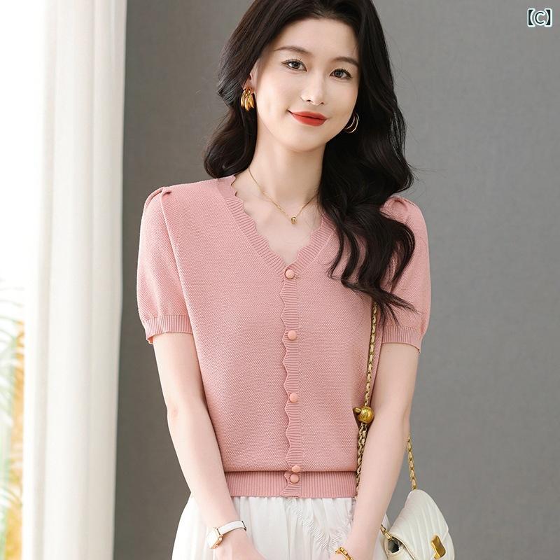 narukiのTシャツ レディース ショートスリーブ 薄手 ニット 接触冷感 Vネック ゆるシルエット 無地 デザイン トップス ポリエステル レーヨン 春夏 通勤 きれいめ 普段使い｜アングル3