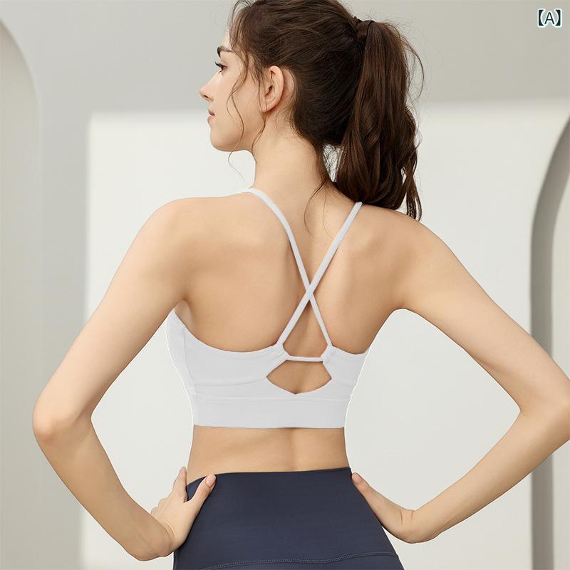 スポーツブラ レディース 女性用 一体型 ブラトップ 細ストラップ 固定カップ 揺れない 高サポート ホ..