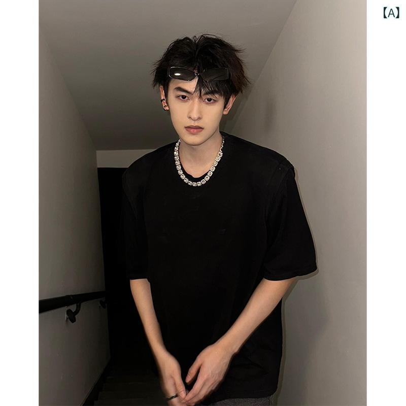 Tシャツ メンズ 男性用 アメリカンカジュアル アメカジ ヘビーウェイト 厚手 肩パッド入り 半袖 クルーネック 丸首 オーバーサイズ ルーズフィット きれいめ ブラック 黒無地 高級感 コーマ綿 コーマコットン 無地 カジュアル 普段使い 部屋着