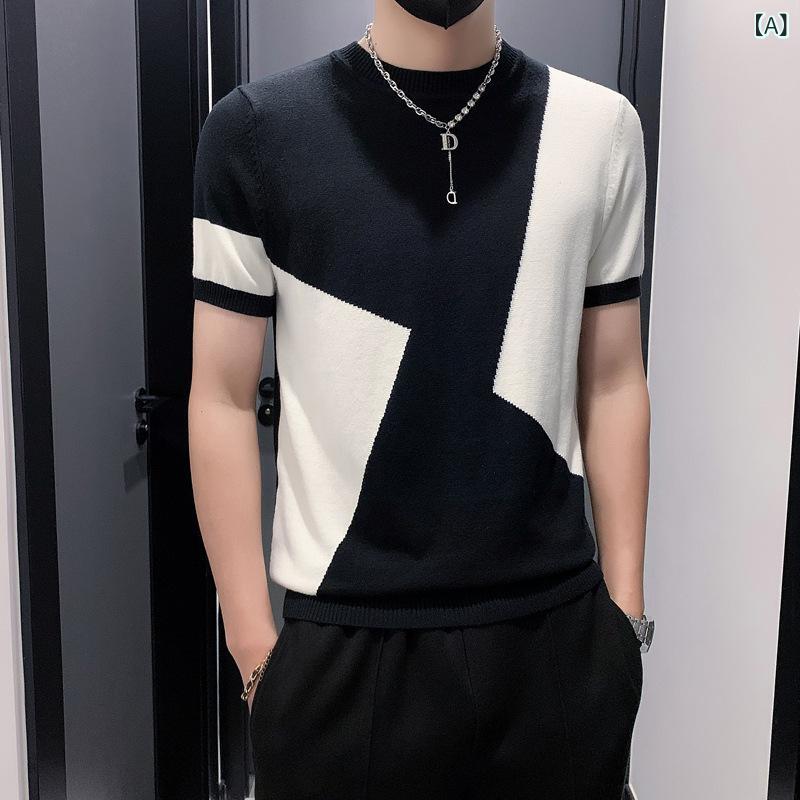 ニット Tシャツ 男性用 黒 白 バイカラー クルーネック 半袖 スリムフィット 接触冷感 再生繊維 ポリエ..