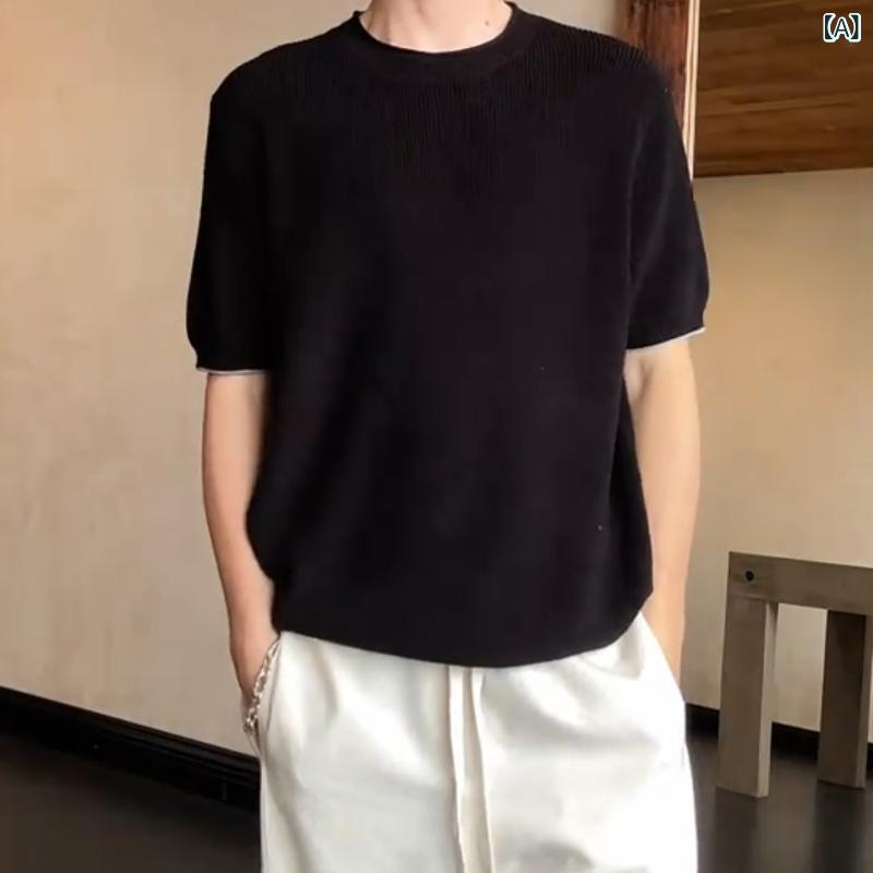 Rakuten - Tシャツ メンズ 男性用 上品スタイル ニット リネン 薄手 通気性 ゆったり クルーネック ルーズフィット カジュアル トップス 半袖 綿麻 ブラック カーキ ベージュ 夏