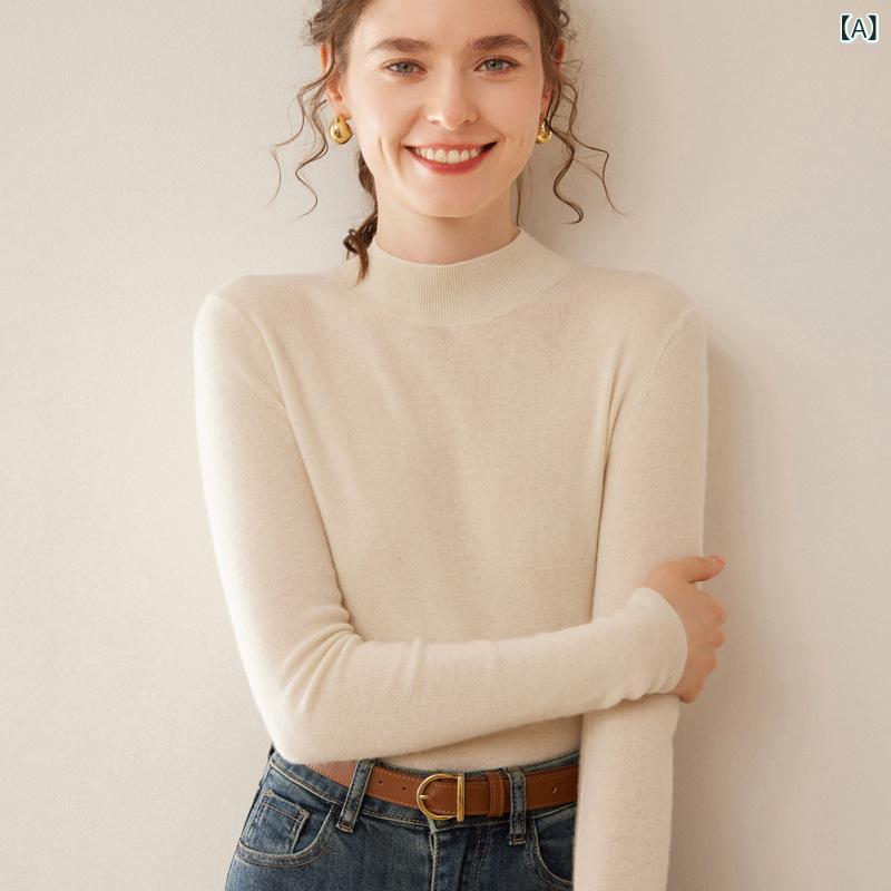 ニット レディース 秋冬 プチハイネック 長袖 ショート丈 カシミヤ混 リブ スリム 細身 着痩せ ソフト 上品 エレガント インナー トッ..