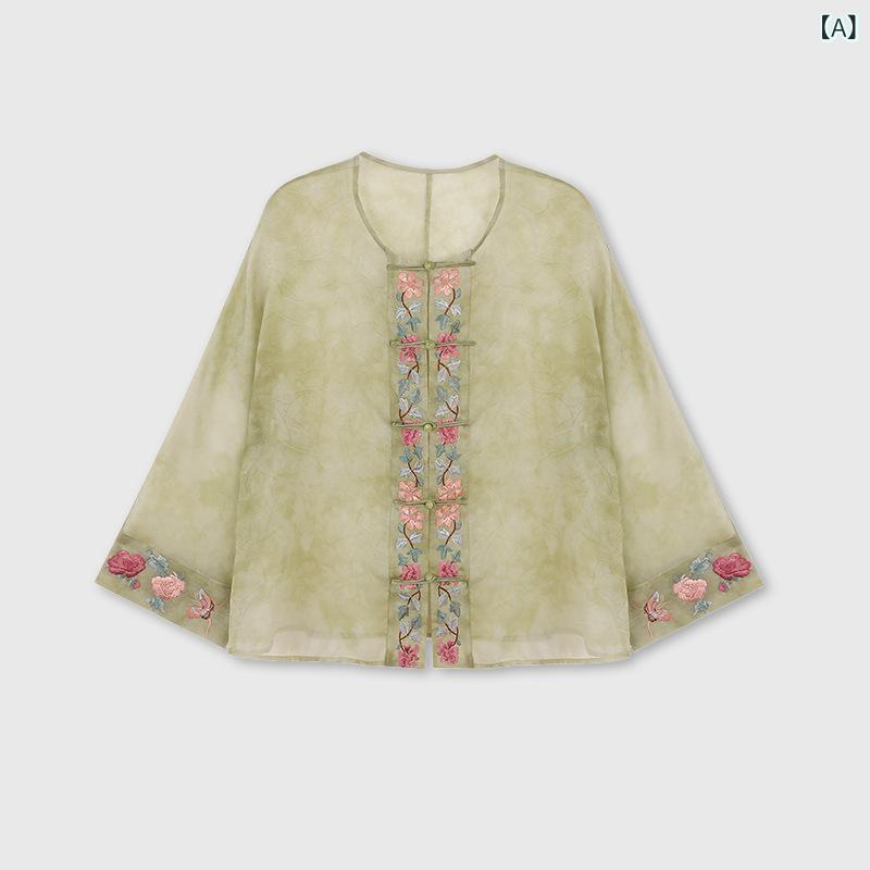 アウター レディース 女性用 春夏 新中華風 中国風 レトロ クラシック シルク 絹 刺繍 花柄 ボタニカル ゆったり オーバーサイズ 長袖 クルーネック チャイナボタン 上品 エレガント 普段使い お出かけ 薄手 軽量 グリーン ピンク系 羽織り