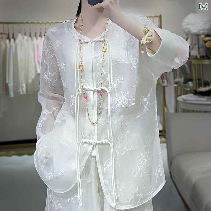 ジャケット レディース シルクオーガンジー 刺繍 薄手 羽織り 春夏 日焼け防止 UVカット ライトレトロ ネオチャイニーズ ラウンドネック 長袖 ルーズフィット