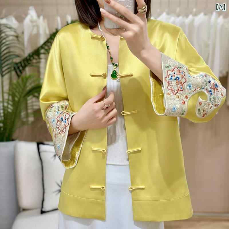 ジャケット レディース 中国風 刺繍 アセテート素材 春秋 レトロ エスニック柄 クルーネック ミドル丈 ゆったり チャイナボタン