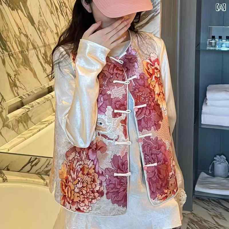 ベスト レディース 凝った刺しゅう アセテート素材 新チャイナスタイル 高級感 ラウンドネック 植物花柄 Aラインシルエット レトロモダン シングルブレスト 秋冬(4.0)