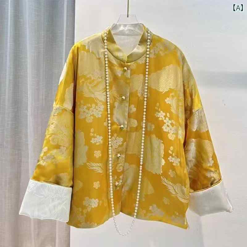 コート レディース イエロー リバーシブル ネオチャイナ スタンドカラー チャイナボタン アセテート 花柄ジャガード 長袖 ゆったり 中綿 キルティング 保温性 厚手 秋冬 アウター