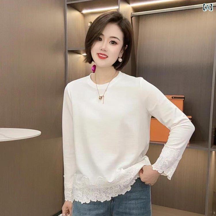 樂天商城 - Tシャツ レディース レース 切り替え トップス 長袖 インナー プルオーバー ラウンドネック ゆったり きれいめ カジュアル 着回し おしゃれ 春夏 ブラック ホワイト