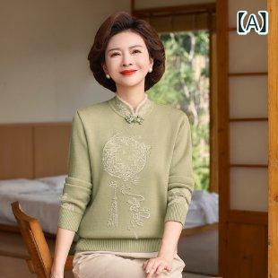 ニット ミセス 中高年 女性用 秋冬 裏起毛 厚手 保温 あったか ポロ襟 パフスリーブ シェニール素材 伸縮性 エレガント 中華風 インナー トップス
