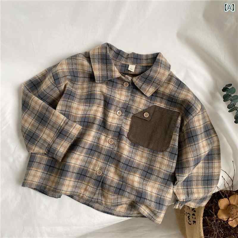 ・カテゴリ: 童シャツ・対象性別: 男女共用・対象年齢: 中小童（3〜8歳、100〜140cm）・スタイル: 韓国風・襟の形: 折り襟・袖丈: 長袖・柄: チェック・スタイル要素: スポーツ、田園、カーディガン・生地名: 綿・主な素材: 綿・主な素材の含有量: ・安全基準: A類・カラー展開: グレーブルーチェック、ブラウンレッドチェック・対応身長: 80cm、90cm、100cm、110cm、120cm、130cm・フード: なし