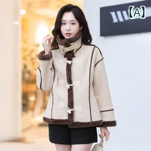 Coat - ボアコート レディース スタンドカラー ショート丈 冬 ママ服 フェイクムートン 裏ボア 厚手 暖かい 防寒 ふわふわ もこもこ カジュアルスタイル お洒落