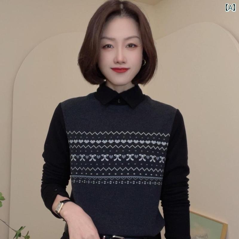 Rakuten - トップス レディース 冬 長袖 襟付き フェイクレイヤード 重ね着風 ゆったり 両面フリース あったか 保温 若見え エイジレス きれいめ カジュアル 通勤 オフィス