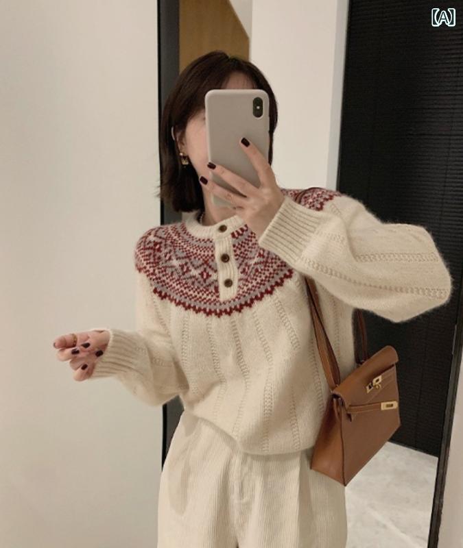 ニット レディース 女性用 秋冬 切り替え 配色 ラウンドネック 丸首 ハーフボタン プルオーバー 長袖 ウール 羊毛 中厚手 体型カバー ..