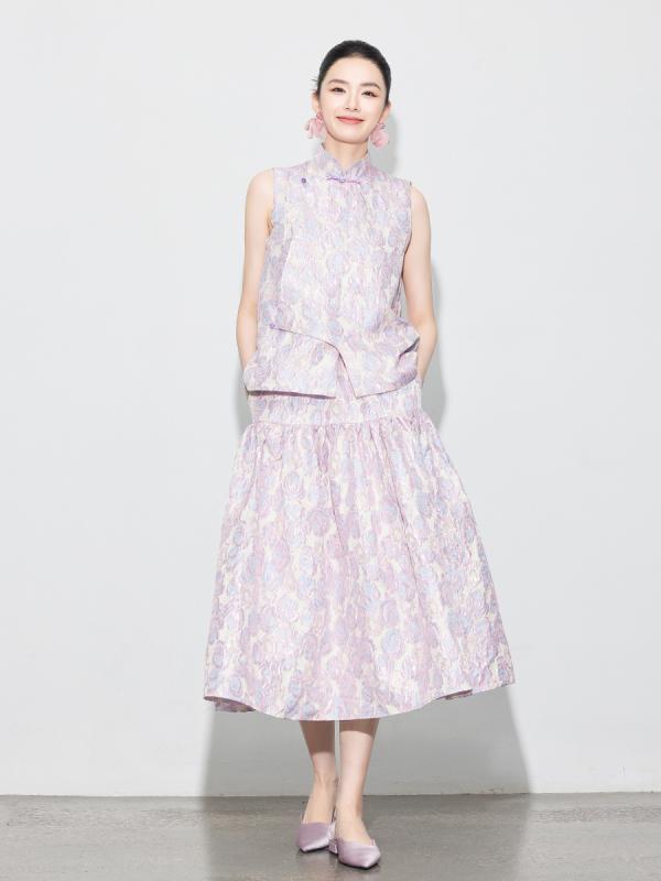 スカート レディース 新中国風 レトロ ベスト セットアップ 錦織 ジャガード 刺繡 バルーン フレア ミモレ丈 ボリューム 上品 秋 ピンク