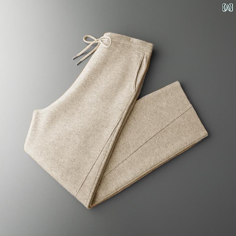 パンツ メンズ ウール100% テーパード ドローストリング ミドルウエスト ニット カジュアル 保温性 耐摩耗性 イージーケア ストレッチ 秋冬