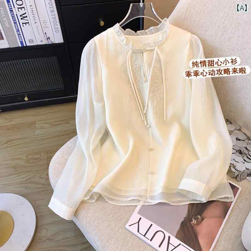 ブラウス レディース 中華風 チャイナボタン テンセル シフォン 刺繍 切り替え ラウンドネック 長袖 ゆったり 初秋 高級感 通勤 オフィス エレガント 上品