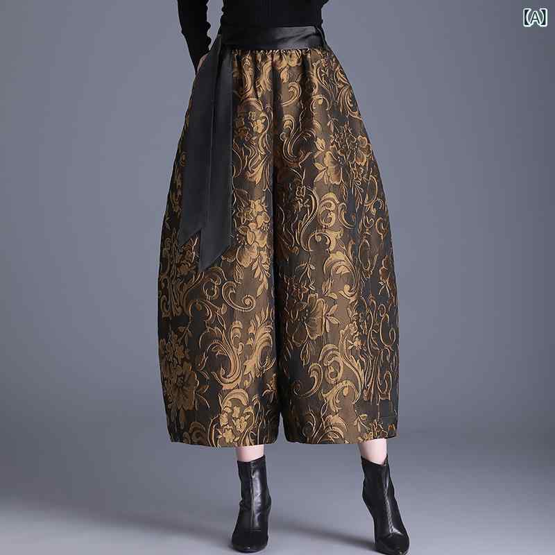 パンツ レディース ランタンパンツ 浮彫 ジャカード ワイド 裏起毛 厚手 9分丈 カジュアル ブーツイン ..