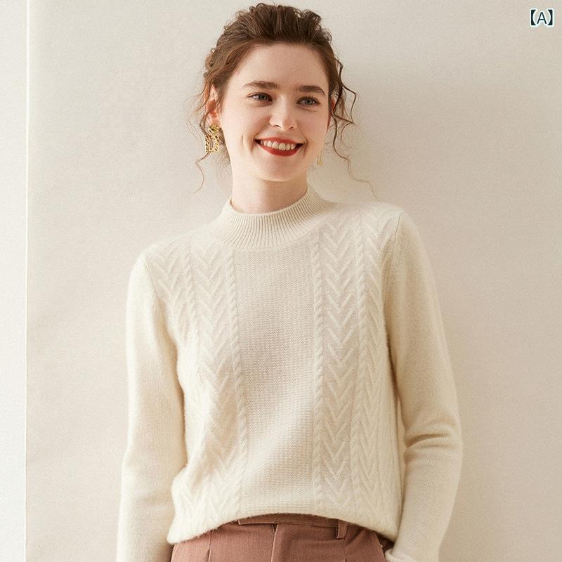 Long-Sleeved Knit - ニット レディース カシミヤブレンド セーター プルオーバー 長袖 肉厚 ゆったり 防寒保温 モックネック 無地 リブ きれいめ 上品 デイリーユース 秋冬