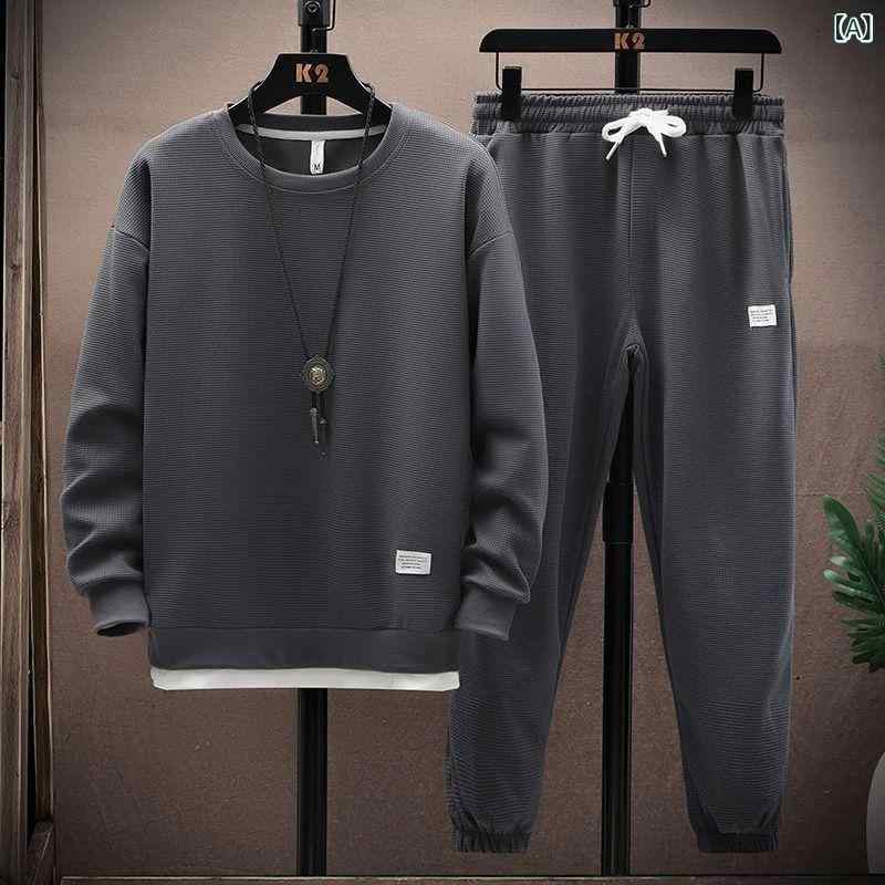 セットアップ メンズ ワッフル素材 ポリエステル カジュアル スポーツウェア 長袖 ロングパンツ 伸縮性 快適 おしゃれ 普段使い ルームウェア 春秋
