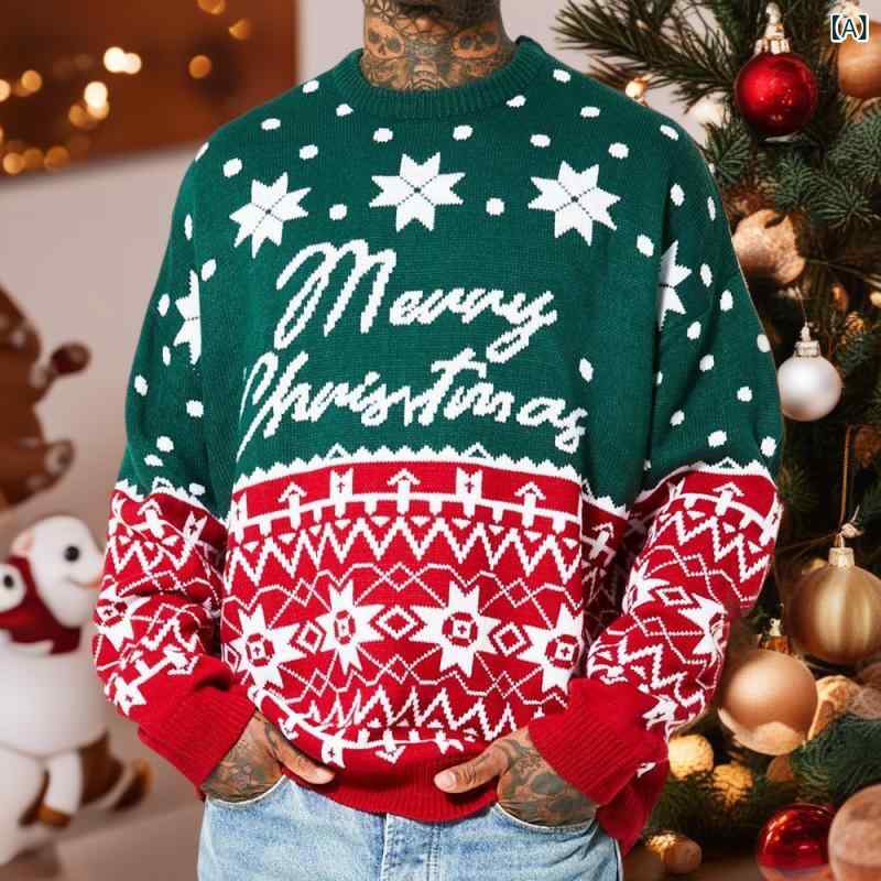 Hawaiian - ニット メンズ 秋冬 クリスマス ジャガード柄 ゆったり クルーネック 長袖 プルオーバー セーター ウォッシャブル コアヤーン ビスコース カジュアル