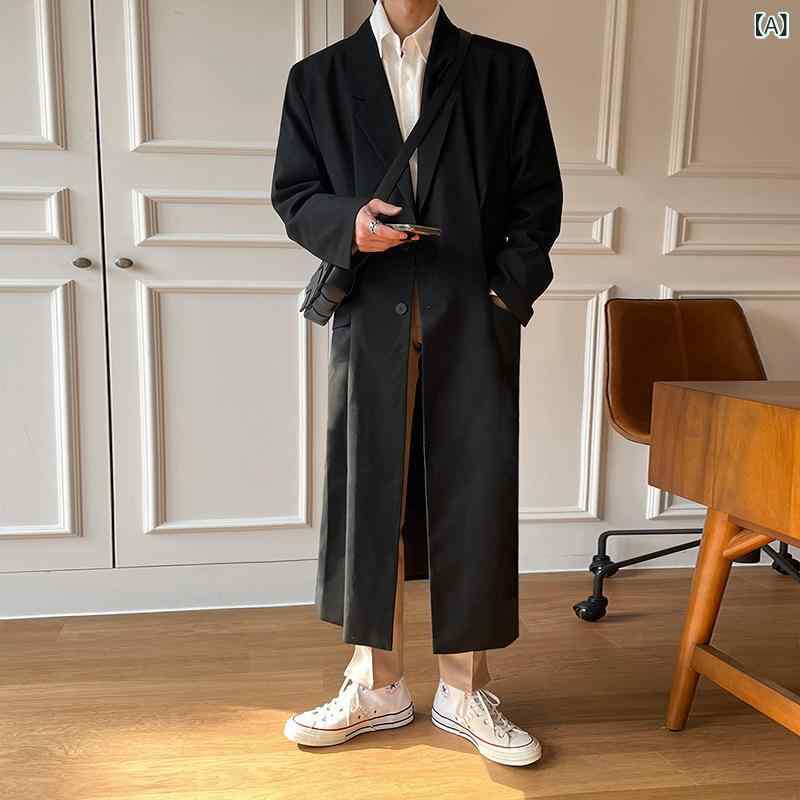 コート メンズ 秋冬 ロング丈 膝下丈 トレンチコート テーラードカラー ゆったり オーバーサイズ 韓国風 トレンド 厚手 防寒 再生繊維 カジュアル ブラック グレー
