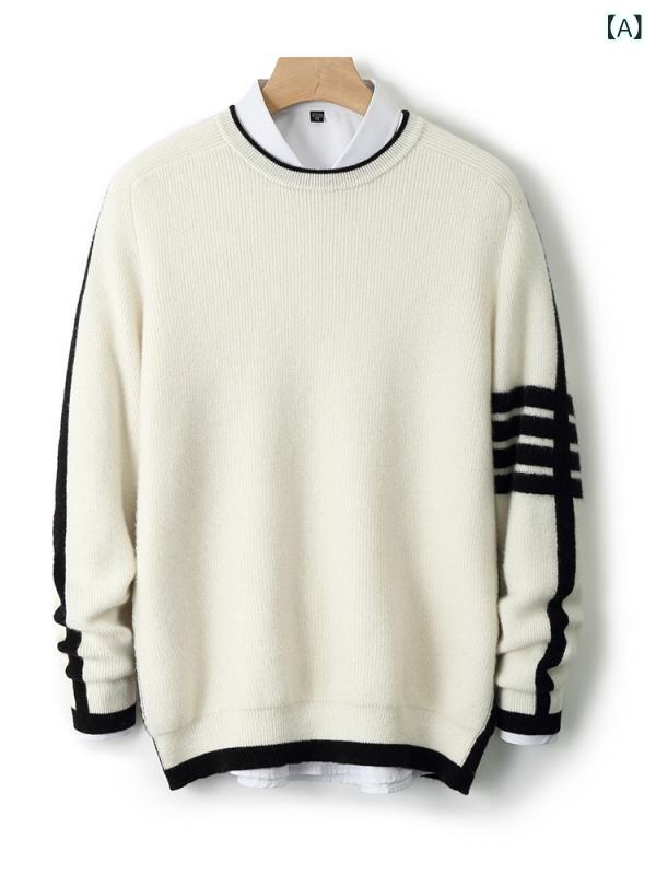 ニット メンズ 秋冬 100% ウール 丸首 プルオーバー ボーダー柄 ジャガード織り 長袖 厚手 暖かい ゆったり 大きいサイズ カジュアル 上品 きれいめ ミドル丈