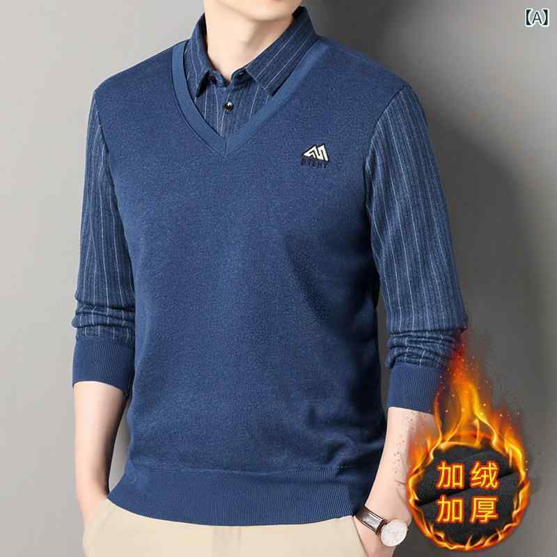ニット メンズ 男性用 秋冬 フェイクレイヤード シャツ襟 セーター アウター 大きいサイズ ゆったり ビッグシルエット ウール ポリエステル 裏起毛 カジュアル オフィス 普段使い 着回し