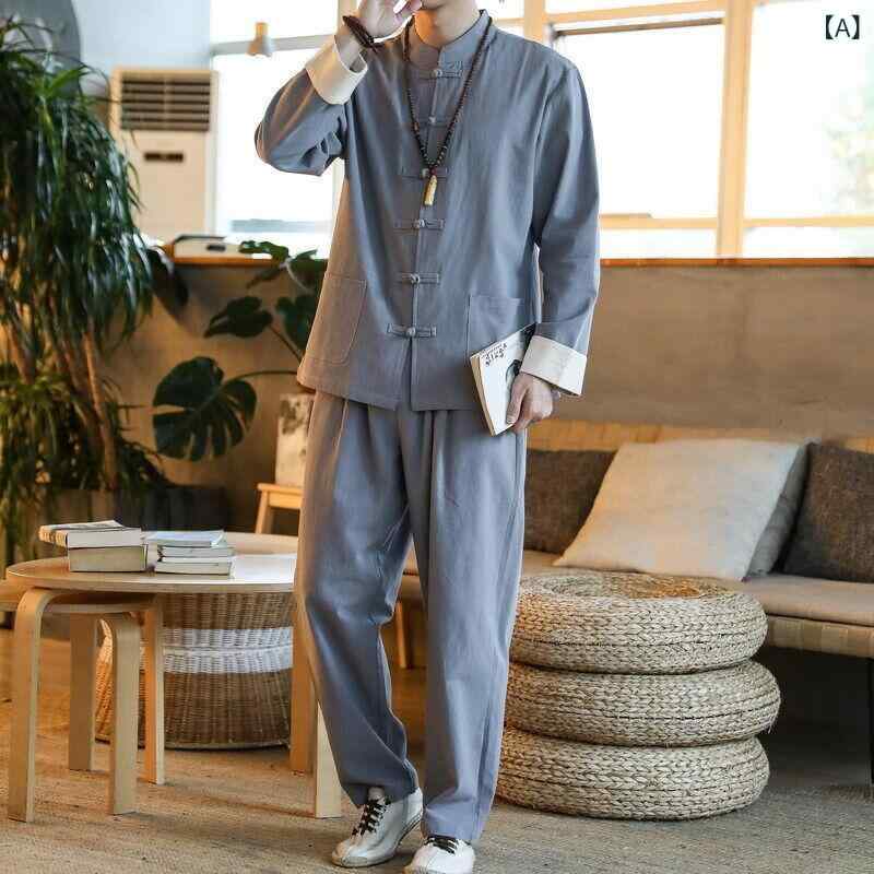 メンズ セットアップ 春夏 リネン 亜麻混紡 長袖シャツ ロングパンツ 無地 ゆったり 大きいサイズ 中国風 漢服 唐装 チャイナボタン カジュアル 普段着
