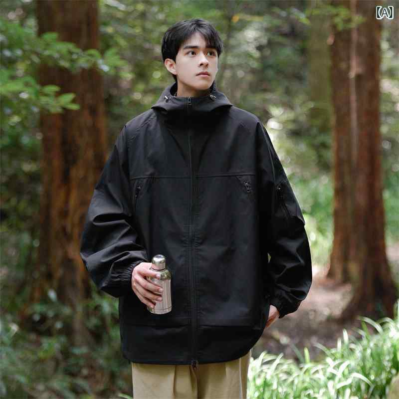 ジャケット 男女兼用 秋冬 カップル 登山 アウトドア 防水 マウンテンパーカー 通気性 防風 スタンドカラー フード付き ビッグポケット ゆったり ワークウェア ポリエステル素材 ジップアップ カジュアル スポーツ メンズ