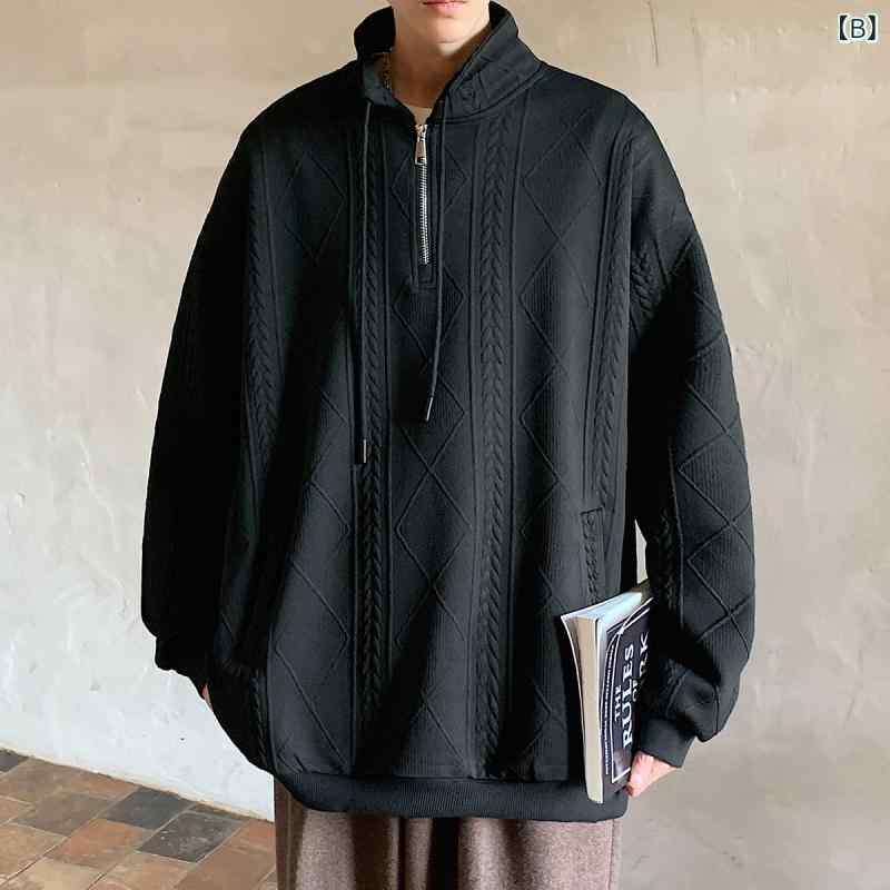 スウェット メンズ 秋冬 ケーブル編み スタンドカラー ドローストリング プルオーバー 無地 ビッグシルエット ルーズフィット 混紡素材 カジュアル