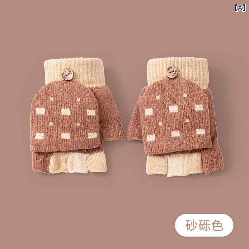 手袋 ベビー キッズ 男の子 女の子 冬用 厚手 あったか 防寒 半指 フリップトップ 2way ニット グローブ チェック柄 かわいい 通園 通学 普段使い