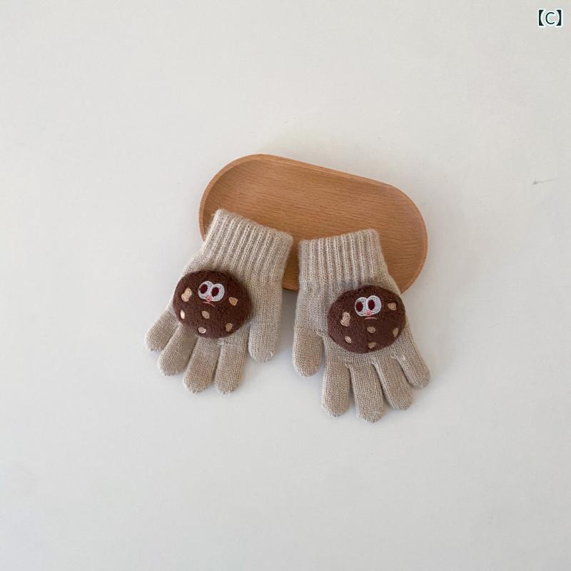 手袋 キッズ 男女兼用 五本指 ニット 保温 防寒 あったか キャラクター かわいい 冬 普段使い グローブ 幼児用 デイリー ブラウン ブルー