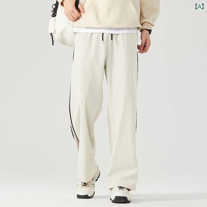 乐天商城 - 休闲パンツ メンズ 男性用 ストリート系 トレンド ストライプ 春秋 ストレートシルエット ゆったり ルーズ 大きいサイズ ビッグサイズ 無地 ロングパンツ スポーツ ポリエステル イージーケア シワになりにくい 韓国風 ポケット付き