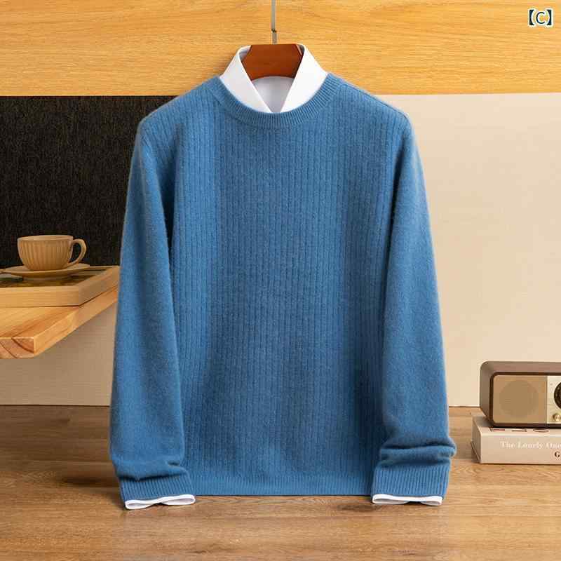 セーター メンズ 男性用 ピュアカシミヤ クルーネック リブ編み ルーズフィット ゆったり 厚手 肉厚 防寒 シンプル ベーシック インナー トップス 普段使い デイリー カジュアル 秋冬