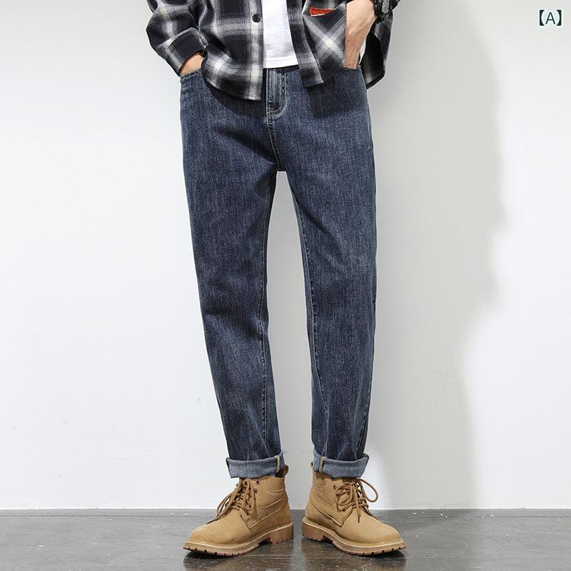 デニムパンツ メンズ 男性用 アメカジ ヴィンテージ ウォッシュ加工 ルーズ ストレート コットン 伸縮性 春秋 カジュアル 普段使い ブルー ブラック