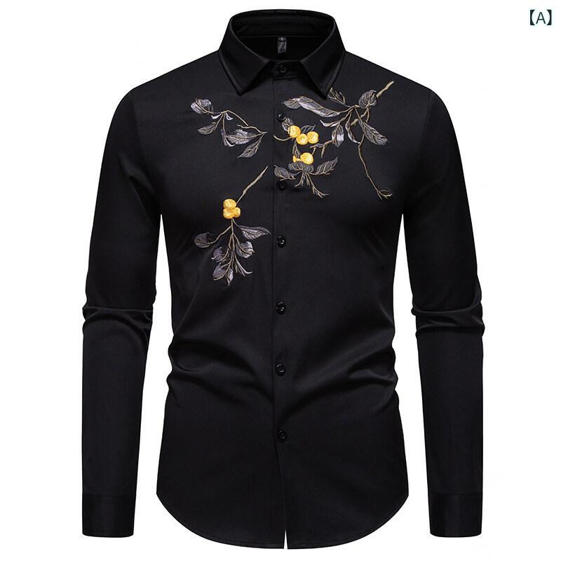シャツ メンズ 春秋 花柄 刺繍 長袖 ゆったり ビジネス カジュアル 通勤 綿混 ポリエステル 形態安定 洗濯可能 大きいサイズ おしゃれ 着回し