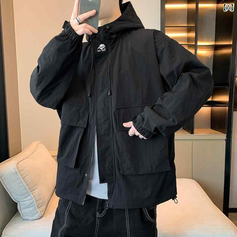 ジャケット メンズ 春夏 フード付き タスラン 防水 撥水 防風 速乾 薄手 軽量 高密度 ルーズフィット ビッグシルエット アウトドア カジュアル ストリート スポーツ ジップアップ